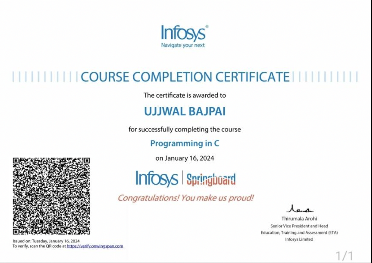 Infosys Certificate