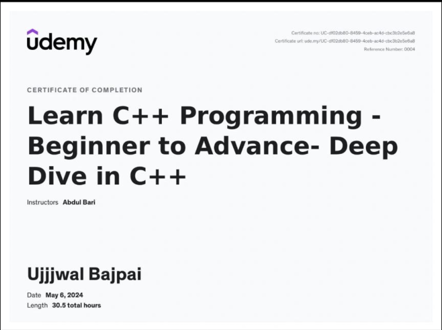 Udemy C++ Certificate